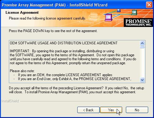 8. When the License Agreement appears, click the Yes button to agree to