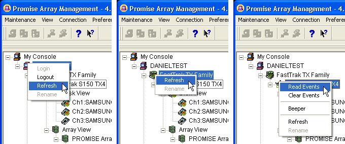 Promise Array Management Tree View and Component Specific Menus In PAM, like most Windows applications, you can access the various commands and functions by opening dropdown menus and clicking on