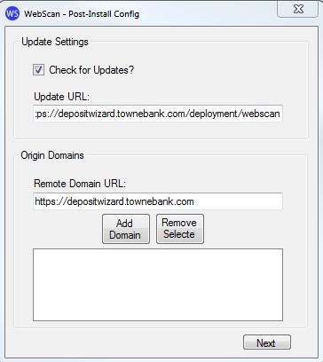 10.3 In the REMOTE DOMAIN URL: field, enter the URL https://depositwizard.townebank.com 4.10.4 Select ADD DOMAIN 4.10.5 The domain will move to the box below 4.10.6 Select NEXT 4.