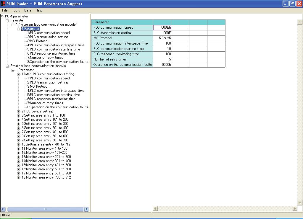 [The display screen of the enhanced comm module [Mitsubishi's programless comm] on start-up] Parameter tree