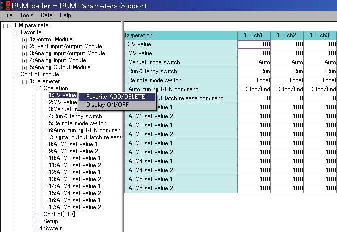Registering in Favorite 1 On the parameter tree of the PUM loader PUM Parameters Support screen (on P.