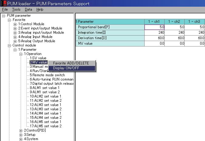 Switching between display ON and OFF 1 Right-click the parameter to be or not to be displayed on the parameter tree screen (on the left side) of the PUM loader PUM Parameters Support screen (on P.