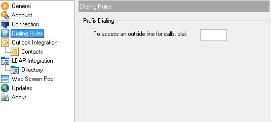Dialing Rules To access an outside line for calls, specify a prefix number that Toolbar includes automatically when dialling external numbers.