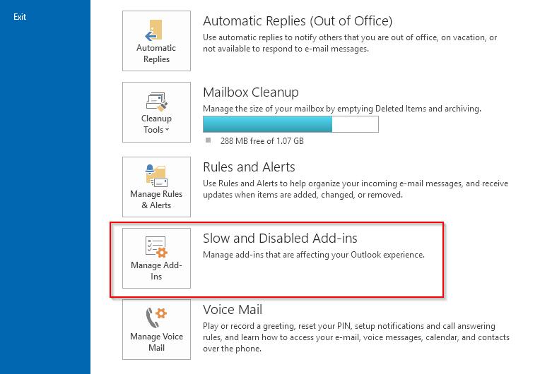 2. Select Slow and Disabled Add-ins. Figure 16 - Outlook 2013 Account Information Screen 3.
