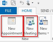 d) Or click on New Meeting or New Appointment Figure 4 - Outlook 2013 Calendar Toolbar, New Appointment, New Meeting 2) For c) or d) above