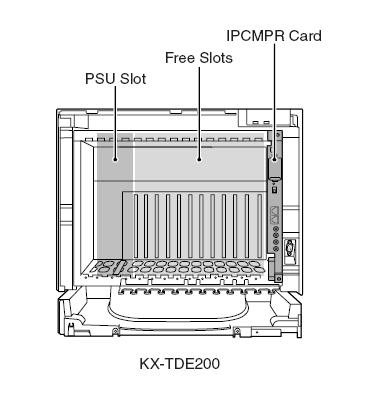 KX-TDE200 System Outline The KX-TDE200 consists of the Basic Shelf with: A power supply slot (Not installed) 11 free slots A slot for the Main Processing Unit Card (IPCMPR) (Installed) SD Memory Card