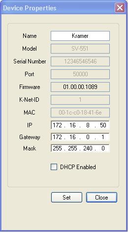 The Kramer RC Configuration Menus Figure 48: Device Selection Dialog Box Serial Select Port: select the communication port 6.4.2 The Device Properties Dialog Box To connect a device, open the Device menu and click Properties.