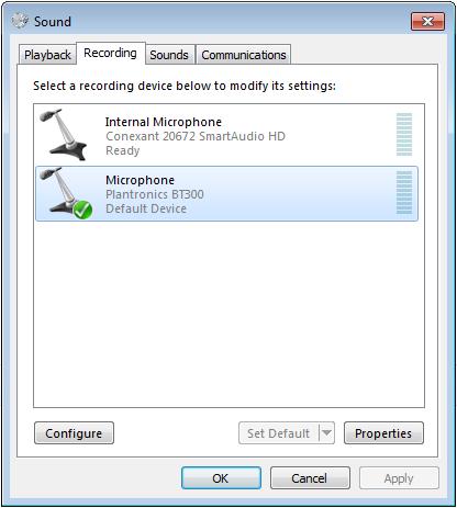 Troubleshooting 7. Verify whether the Plantronics BT300 Microphone is the default microphone. If not, select the Plantronics BT300 Microphone, and click Set Default.