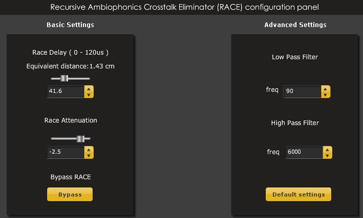 Recursive Ambiophonics Crosstalk Eliminator (RACE) configuration panel RACE delay: Controls the delay in the race algorithm from 0 to 120uS.