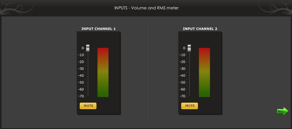 Inputs and RMS meters The first step in configuring your miniambio consists in making sure audio is being fed to the input correctly. To do so, click on the button labeled inputs.