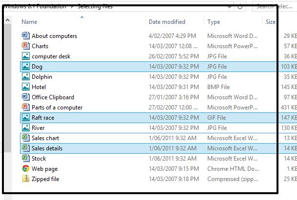 WINDOWS 8.1 FOUNDATION FOR BUSINESS USERS PAGE 102 Click on a different file and the multiple files are no longer selected.