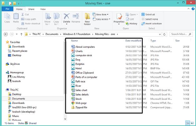 WINDOWS 8.1 FOUNDATION FOR BUSINESS USERS PAGE 112 Ctrl+X - Moves the selected item to the Clipboard. Ctrl+C - Copies the selected item to the Clipboard. Ctrl+V - Pastes the item from the Clipboard.