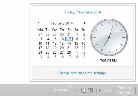 WINDOWS 8.1 FOUNDATION FOR BUSINESS USERS PAGE 22 Clicking on the time display will display a calendar, as illustrated.