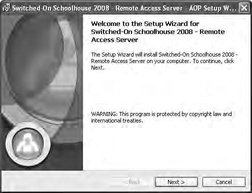 SWITCHED-ON schoolhouse 2008 Remote Access server After your computer re-starts, the SOS 2008 Setup window displays again.