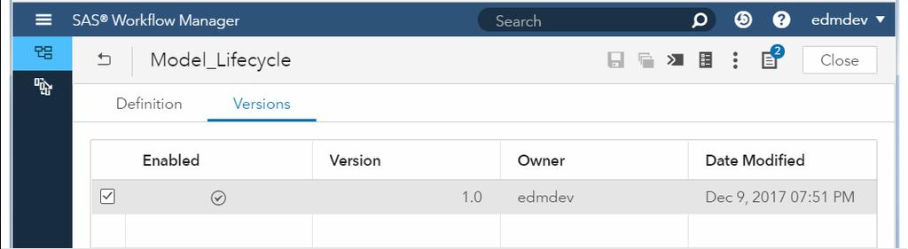TIP If your workflow has multiple versions, you can view different versions by selecting the version on the Versions page, and then clicking the Definitions tab.