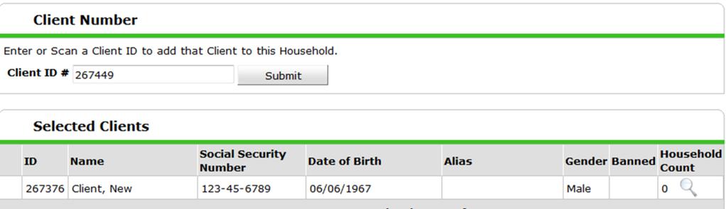 Then scroll down to bottom of page to Client Number section. Add the HMIS number of the client to add to the Household.