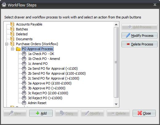 When all the Steps are added, the Workflow Steps dialog box should look similar to Figure 4: Figure 4: List of Steps for the Example PO Approval Process in the Workflow Steps Dialog Box The numbered
