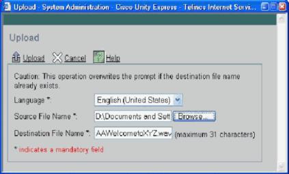 For the upload procedure, see the Use the CLI to Upload the Auto Attendant Greeting or Prompt File section of this document. 2.
