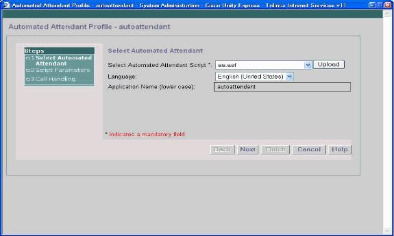 2. Click Next, to see the option to associate the default autoattendant to the newly uploaded prompt that was recorded by way of the GMS: 3.