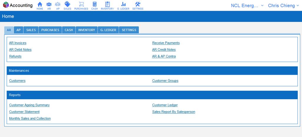 Home (Main Page) Once you have setup your business/company/organisation, whenever you login to NCLTEC Accounting, you would be shown the Home (Main Page).