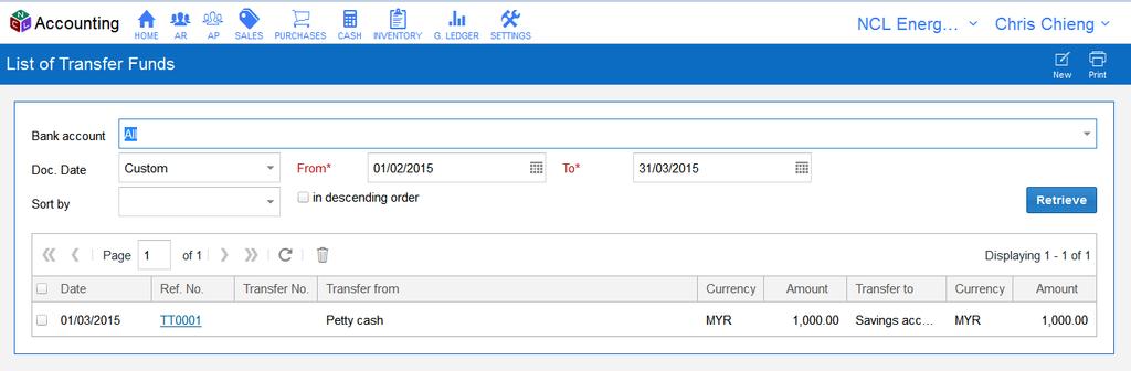 Transfer Funds - List of Transfer Funds Enter data in this section and click 'Retrieve' button to filter.