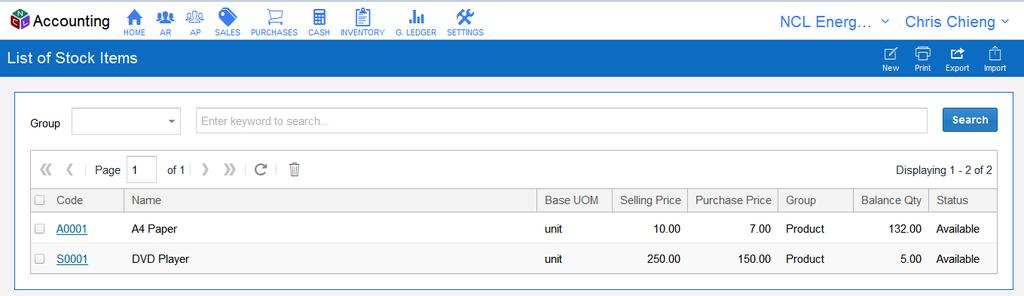 Stock Items - List of Stock Items Enter keyword and click 'Search' button to search. The search result will display at bottom section. Click 'New' to record new Stock Item.