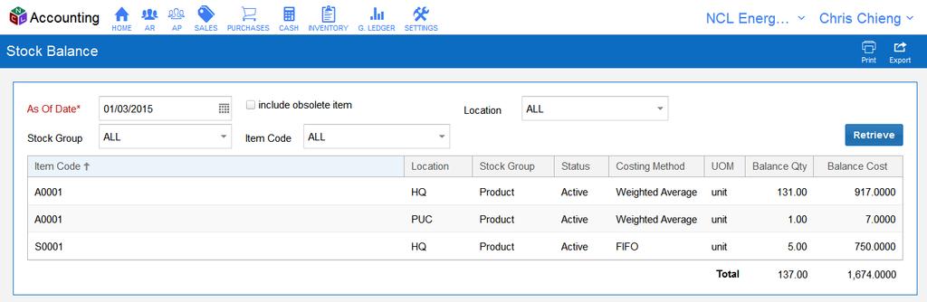 Inventory Reports - Stock Balance Stock balance report shows your current up-to-date stock balances in the system. Fill in data to filter transactions.