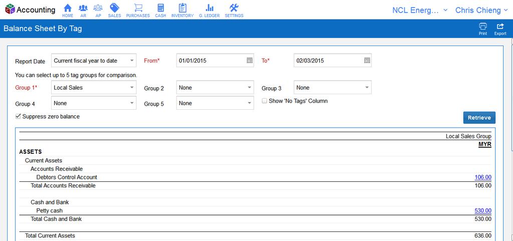 Financial Reports - Balance Sheet By Tag Fill in data to filter transactions. Click 'Retrieve' to retrieve transactions based on data filled in.