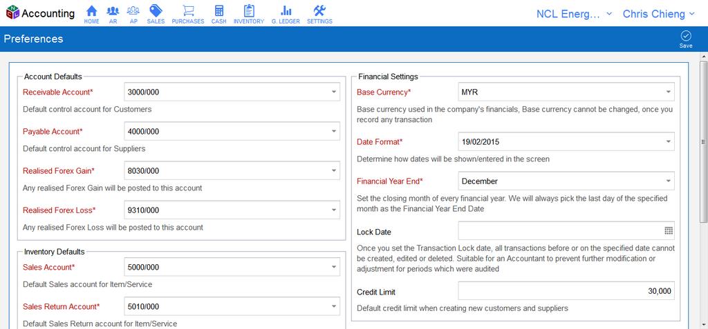Preferences In preference page, you are able to view and manage three categories; Account Defaults, Inventory Defaults and Financial Settings.