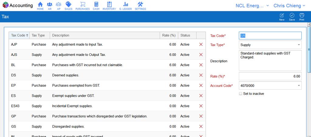 Tax This section shows the list of taxes you have. If you want to delete an entry, click on X button in the row.