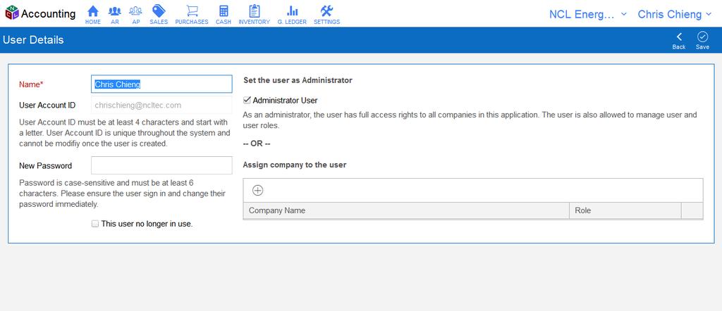 Setting up User Details To create a new Account ID, fill in data onto the Name, User Account ID and New Password fields.