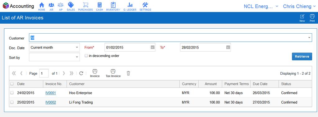 AR MODULES (Account Receivable) AR Invoices - List of AR Invoices Enter data in this section and click 'Retrieve' button to filter.
