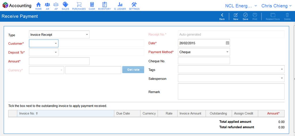 Receive Payment - Record New Payment Received Enter customer details and payment details in this section.