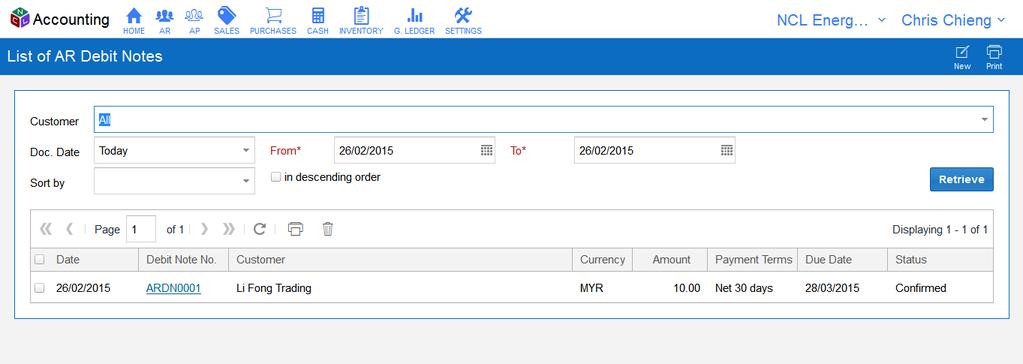 AR Debit Notes - List of AR Debit Notes Enter data in this section and click 'Retrieve' button to filter.
