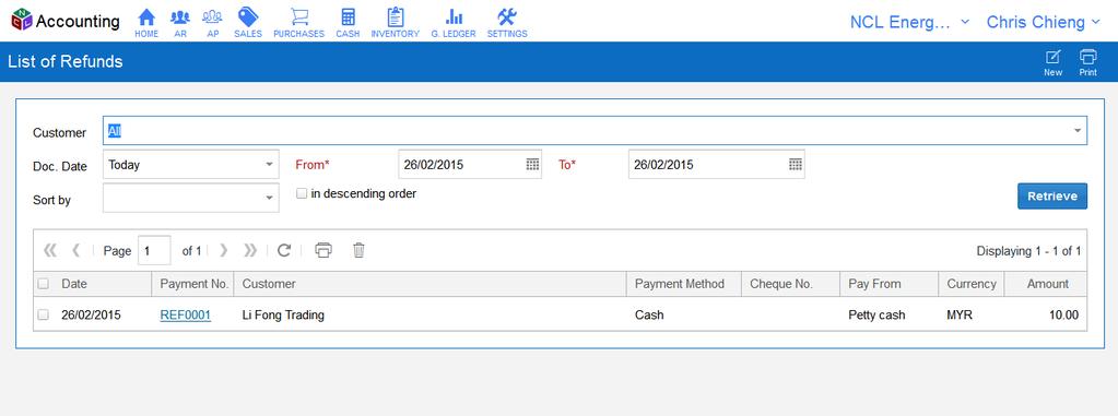 Refunds - Listing of Refunds Enter data in this section and click 'Retrieve' button to filter.