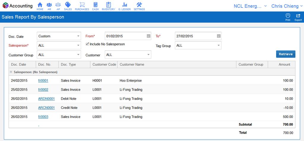 AR Reports - Sales Report By Salesperson This report allows you to check sales made by salesperson Fill in data to filter transactions.