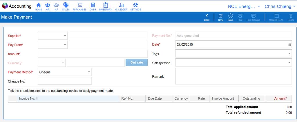 Make Payments - Record New Payments Made Enter supplier details and payment details in this section.