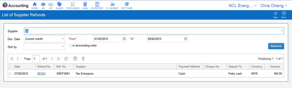 Supplier Refunds - Listing of Supplier Refunds Enter data in this section and click 'Retrieve' button to filter.