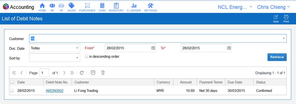 Debit Notes - List of Debit Notes Enter data in this section and click 'Retrieve' button to filter.