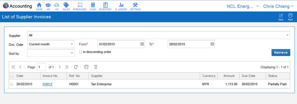 Supplier Invoices - List of Supplier Invoices Enter data in this section and click 'Retrieve' button to filter.