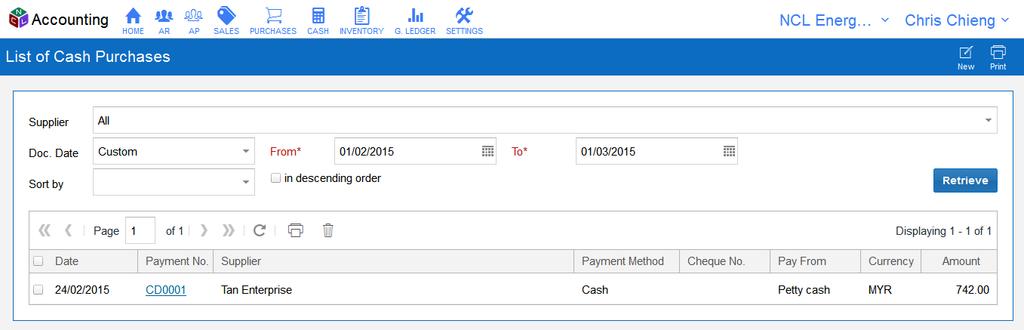 Cash Purchases - List of Cash Purchases Enter data in this section and click 'Retrieve' button to filter.