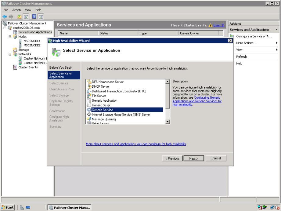 Figure 20: Generic Service 6. The Select Service page appears.