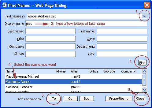 MCSD OWA Tutorial Email Page 3 of 9 1. Selecting down arrow (#1) to change to your personal address book 2. Enter several letters of the last name (#2) 3. Select the 'Find' button (#3) 4.