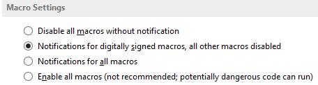 The Macro Settings determine how Outlook deals with any macro files that are received. It is recommended that you do not change the Trust Center settings unless you are an IT professional.