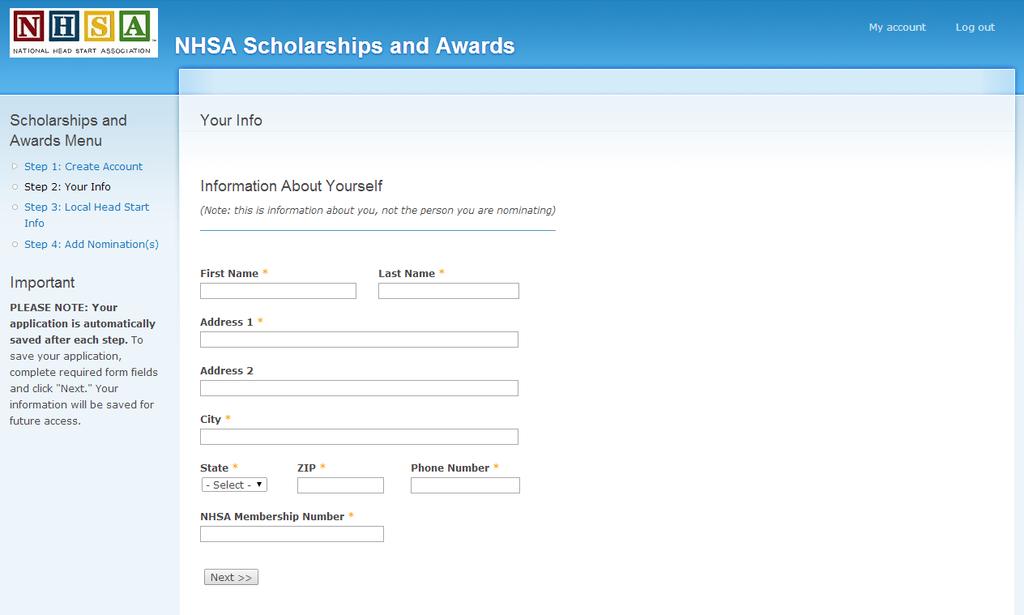 6. Complete the fields on the screen. Enter the NHSA Member Number of your organization.