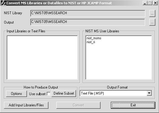 Convert. 4. The oxymix.msp file will be created in C:\NIST05\MSSEARCH, click Exit.