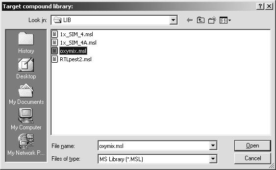 Select oxymix.msl in C:\NIST05\AMDIS32\LIB and then click Open.