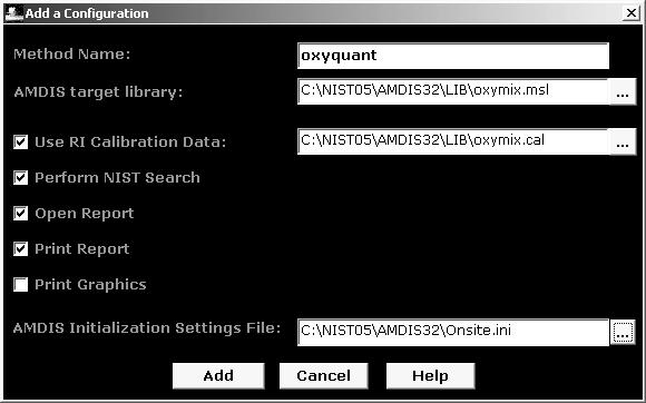 8. Select onsite.ini as AMDIS Initialization Settings File.