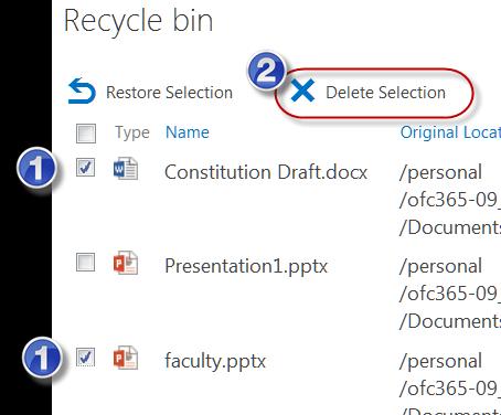 3. To restore a selection, Check the desired document Click Restore Selection 4. At the confirmation message, click OK 5. The item is moved to your Files folder 6.