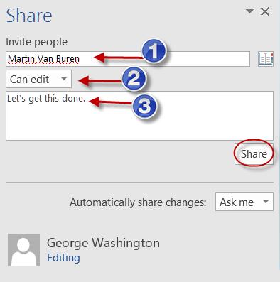 2 Sharing files from an Office app While working in an Office application (Word, Excel, or PowerPoint), you can share your document with others. 1.